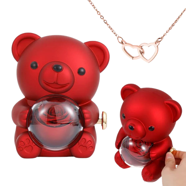 Engraved Heart Necklace with real Rose Bear Giftbox