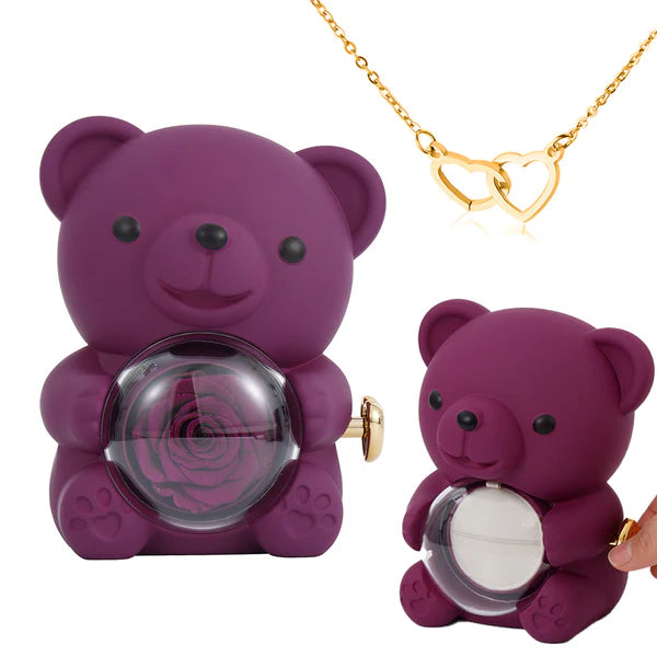 The Best Gift Ever :) Engraved Heart Necklace - with real Rose Bear Giftbox Gold / Purple Bear