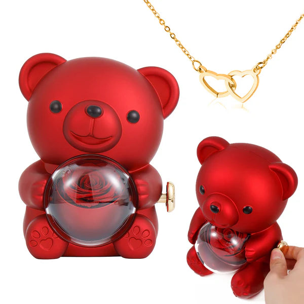 The Best Gift Ever :) Engraved Heart Necklace - with real Rose Bear Giftbox Gold / Red Bear
