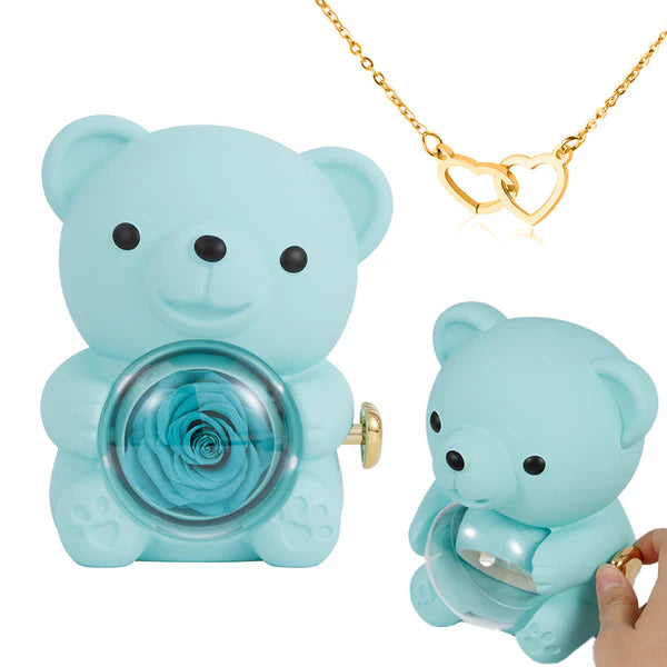 The Best Gift Ever :) Engraved Heart Necklace - with real Rose Bear Giftbox Gold / Turquoise Bear
