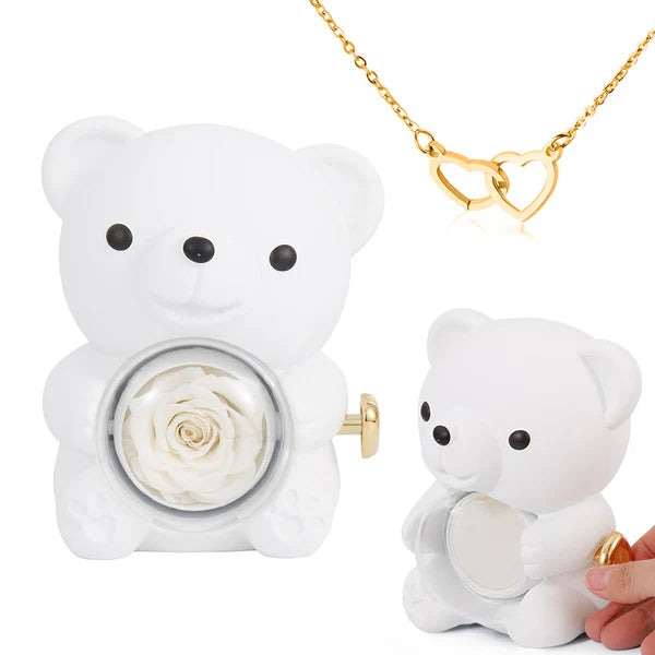 The Best Gift Ever :) Engraved Heart Necklace - with real Rose Bear Giftbox Gold / White Bear