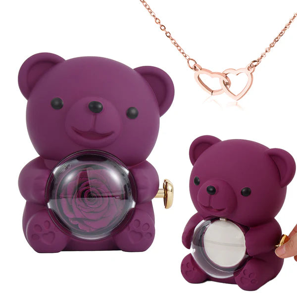 The Best Gift Ever :) Engraved Heart Necklace - with real Rose Bear Giftbox Rose Gold / Purple Bear