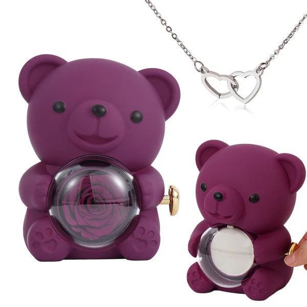 The Best Gift Ever :) Engraved Heart Necklace - with real Rose Bear Giftbox Silver / Purple Bear