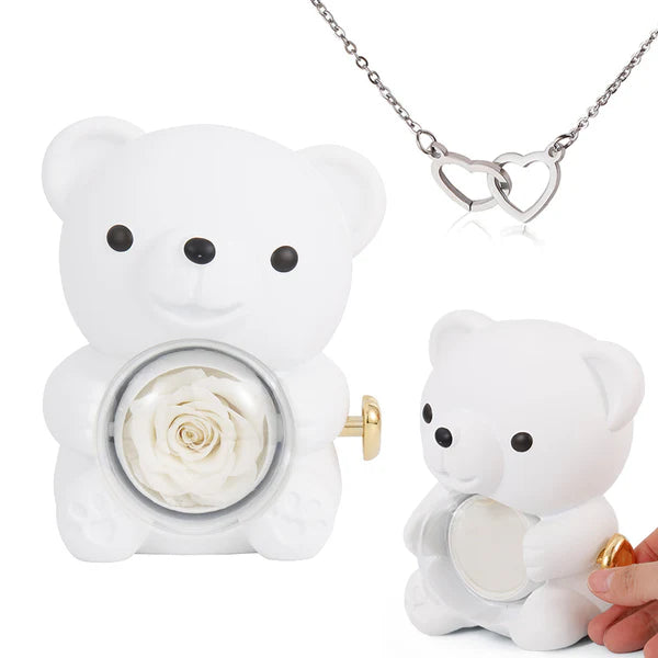 The Best Gift Ever :) Engraved Heart Necklace - with real Rose Bear Giftbox Silver / White Bear