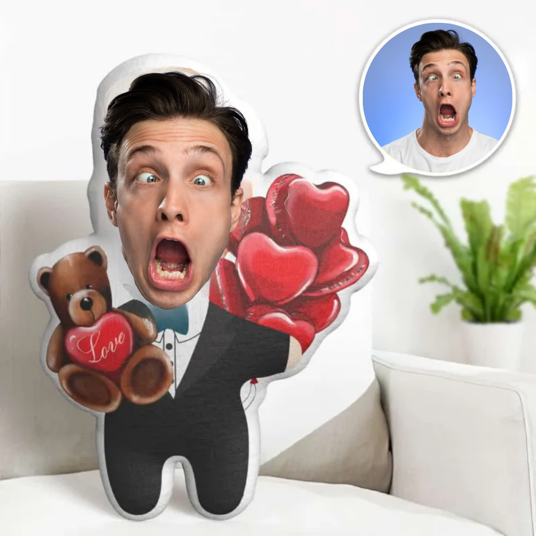 The Best Gift Ever :) Valentine's Day Gift Custom Face Pillow, Cartoon Male in Suit Hold Bear Face Doll, the Best Gift for Lover